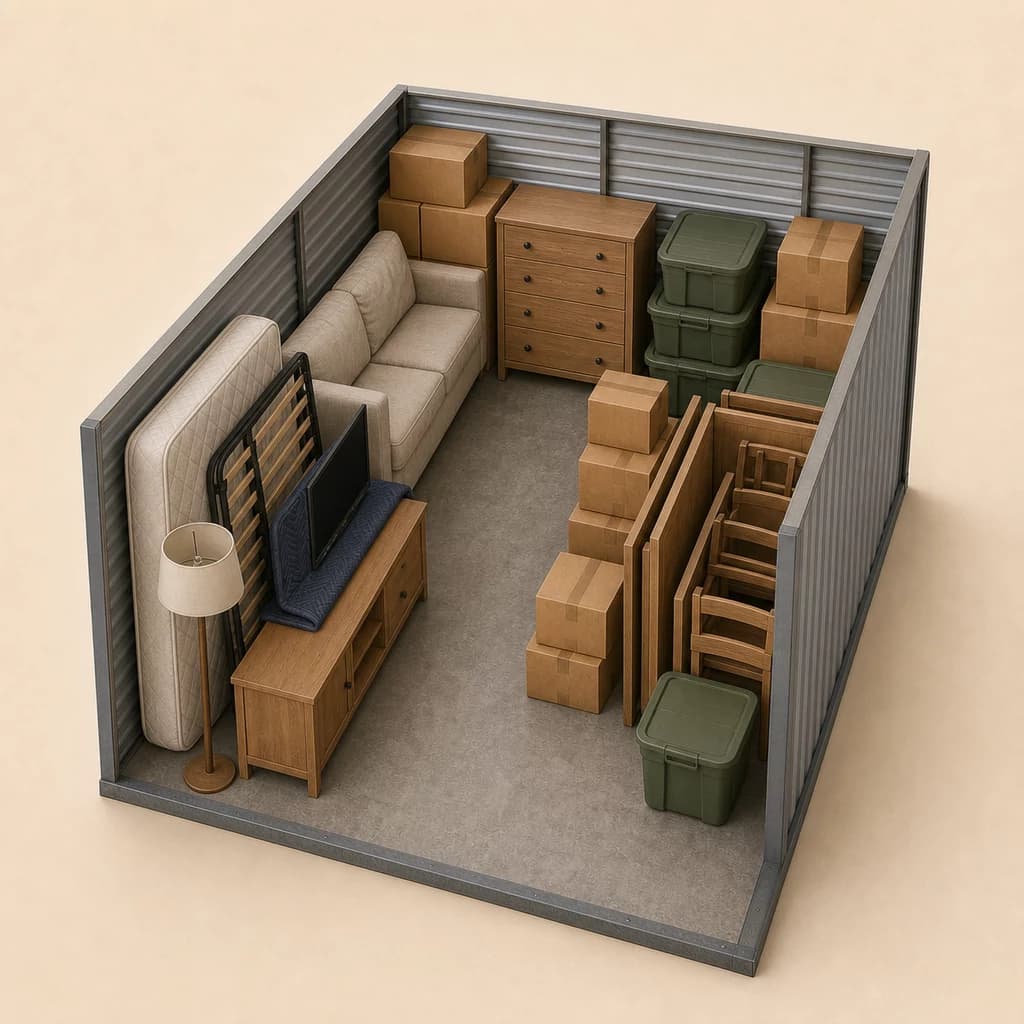 Realistic cutaway visualization of a 10 by 10 storage unit